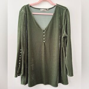 Soft Surroundings Sage Green Velvet Blouse V-Neck Buttons Large